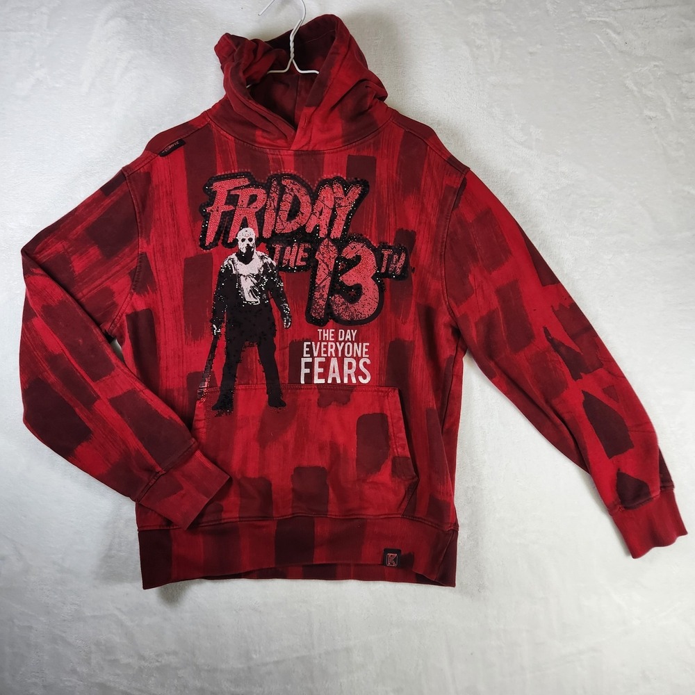 Friday the 13th Hoodie Jason Horror‎ Graphic Red Black Sz L Kryptic AR Cotton